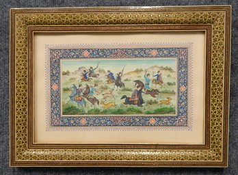 Vintage Persian Painting On Bone Hunting Scene