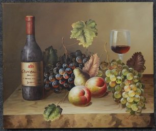 Still Life With The Bottle Of Vine And Fruits  - Signed Oil Paining