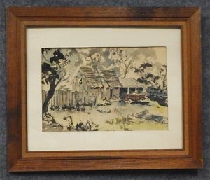 Old House With The Car - Antique Watercolor