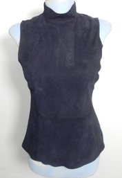 Theory Eulia Fitted Sleeveless Suede Mock Neck Top Size Small Navy Blue