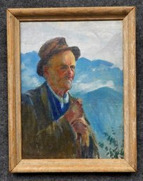 Portrait Of Old Shepperd Man - Vintage Oil Painting Signed