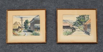 Pair Vintage Vietnamese/ Japanese MUKAI Landscape Watercolor Paintings