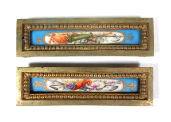 Pair Antique Hand Painted Cannon & Sword Porcelain Plaques In Brass Frames