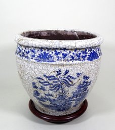Large Chinese Blue And White Cracked Glaze Jardiniere  Flower Pot