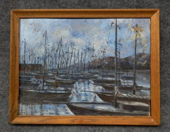 Vintage Harbor Scene With Boats Oil Painting- Signed