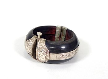 Vintage Horn & Silver Repousse Bangle Hinged Bracelet