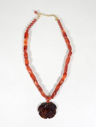 Vintage Asian Carnelian Stone Necklace With Large Carved Pendant