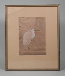 Antique Asian Bird Painting On Silk
