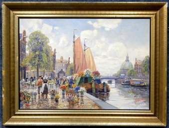 Franz Max Richter-Reich (1896-1950) ' Flower Marked In Amsterdam' Large Oil Painting