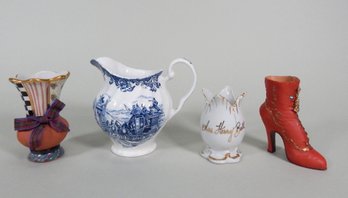 Vintage Pottery Lot: Small Vases, Blue Transfer Pitcher