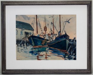 Herve Goulet (mid 20th Century) Fishing Boats Watercolor Painting