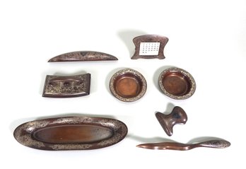 Antique Copper With Ornate Silver Inlay Desk Set