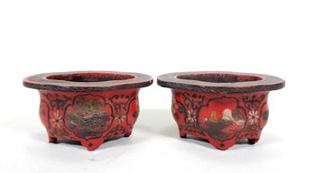 Pair Vintage Hand Painted Asian Wooden Pots
