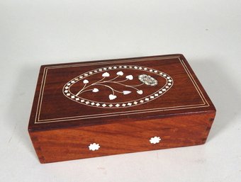 Vintage Hand Carved Wood Trinket Box With Bone Inlay