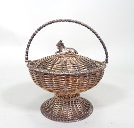 Vintage Woven Rope Silver Basket With Goat Figure On Lid