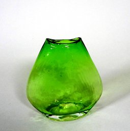 Mid Century Modern Hand Blown Lime Green Glass Vase Irregular Shaped