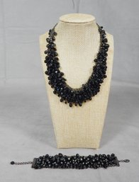 Black Beaded Necklace/Choker And Bracelet Set