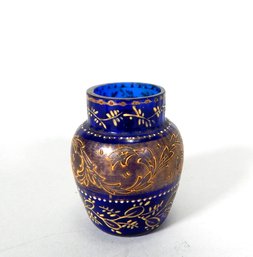 Antique Miniature Cobalt Blue Glass Hand Painted Vase And Bowl