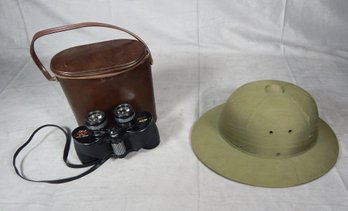 Vintage Pith Helmet & Binoculars