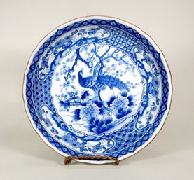 Antique Asian Blue & White Large Porcelain Charger Plate Bowl- Peacock
