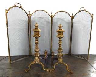 Brass Fireplace Screen & Andirons