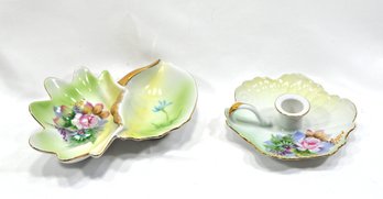 Vintage Porcelain Set Divided Dresser Trinket Dish And Candle Holder