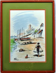 Man With Dog On The Beach Vintage Watercolor- Signed