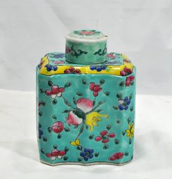 Vintage Chinese Famille Rose Tea Caddy Square Turquoise Floral Tea Leaf Jar