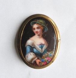 Antique Brooch Miniature Painting On Porcelain - Woman With Flowers