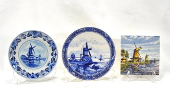 Antique DELFT Windmill Hand Painted Plates And Tile