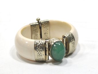 Vintage Jade & Silver Repousse Bangle Hinged Bracelet