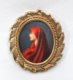 Vintage French Miniature Portrait Of Saint Fabiola Gold Filled Brooch