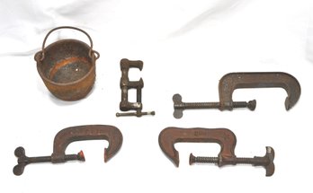 Vintage Woodworking Clamp Lot And Cast Iron Pot