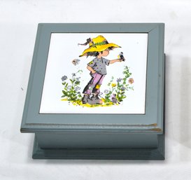 Boy With Bird Painted Wooden Jewelry Box Felt Lining 1970's Vintage