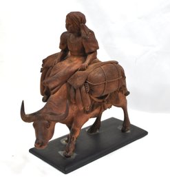 Antique Hand Carved Figure - Girl On Buffalo