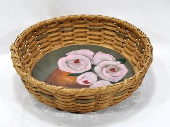 Vintage Wicker Basket With Oil Painted Pink Flowers - Signed