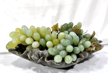 Vintage Chinese Carved Jade Grape Clusters With Carved Natural Stone Tray