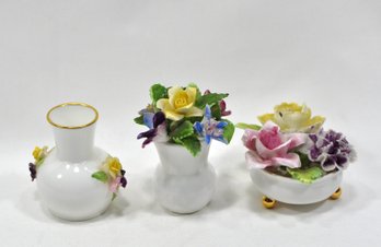 Lot 3 Miniature English Fine Bone China Bouquet In Flower Pot