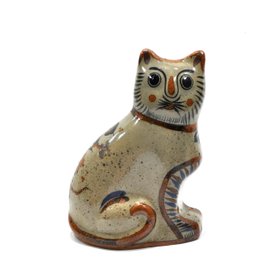 Vintage Tonala Mexican Pottery Hand Painted Stoneware Cat Figurine