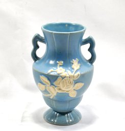 Vintage Weller Pottery Blue Vase With White Rose