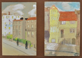 Vintage Watercolor Diptych With Old Town Scenes - Signed