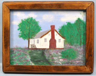 Vintage Folk Art Oil Painting Of Home