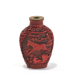 Vintage Chinese Red Cinnabar Carved Snuff / Scent Bottle With Horse
