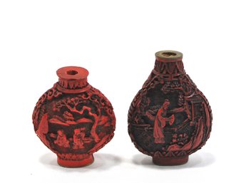 Pair Vintage Chinese Red Cinnabar Carved Snuff / Scent Bottle With Horse