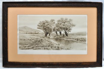 Antique J.N. SNOEY 'fly Fishing' Engraving, Mission Oak Frame