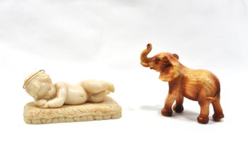 Lot Two Small Vintage Figurines: Sleeping Boy And Elephant