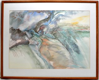 Vintage ' Landscape With A Tree' Modernist Watercolor- Signed