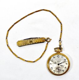 Great Antique ILLINOIS Olympia Pocket Watch With Chain And Folding Knife Fob