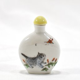 Antique Chinese Snuff Bottle With Hand Painted Cat And Buttefrly