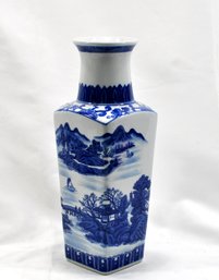 Vintage Chinese Blue And White Square Form Porcelain Vase